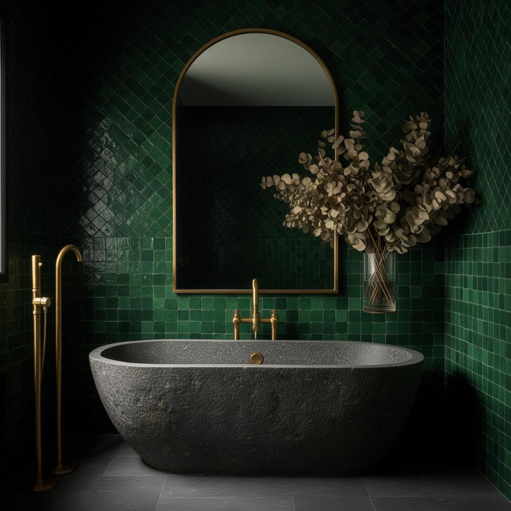 Vert profond et zelliges : le pari d'une salle de bain assumée